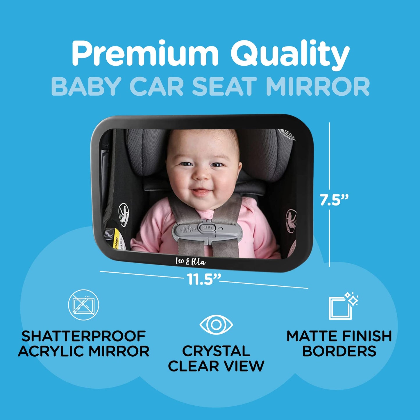 Leo&Ella Large Baby Car Mirror, Extra Wide View of Baby in Rear-Facing Carseat