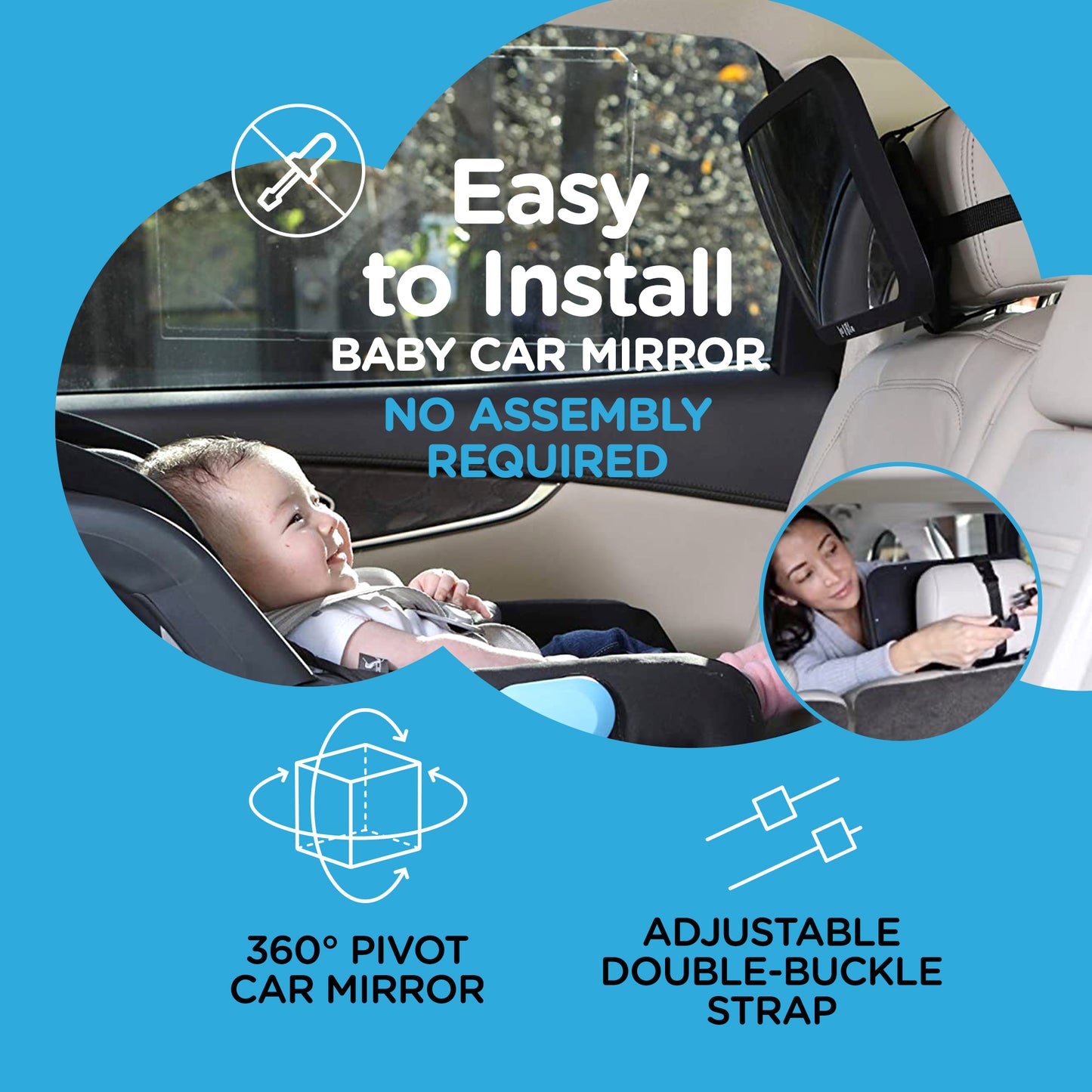 Leo&Ella Small Baby Car Mirror, Extra Wide View of Baby in Rear-Facing Carseat