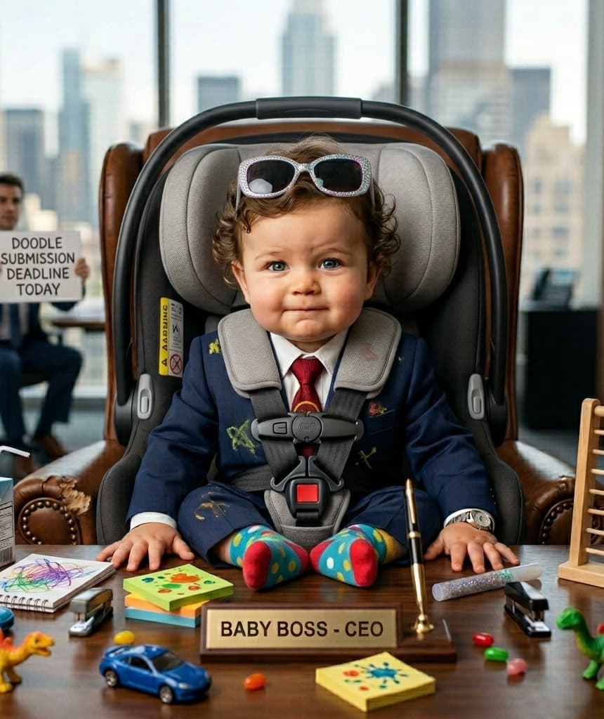 Leo&Ella's baby boss CEO in a suit behind a 'BABY BOSS - CEO' nameplate