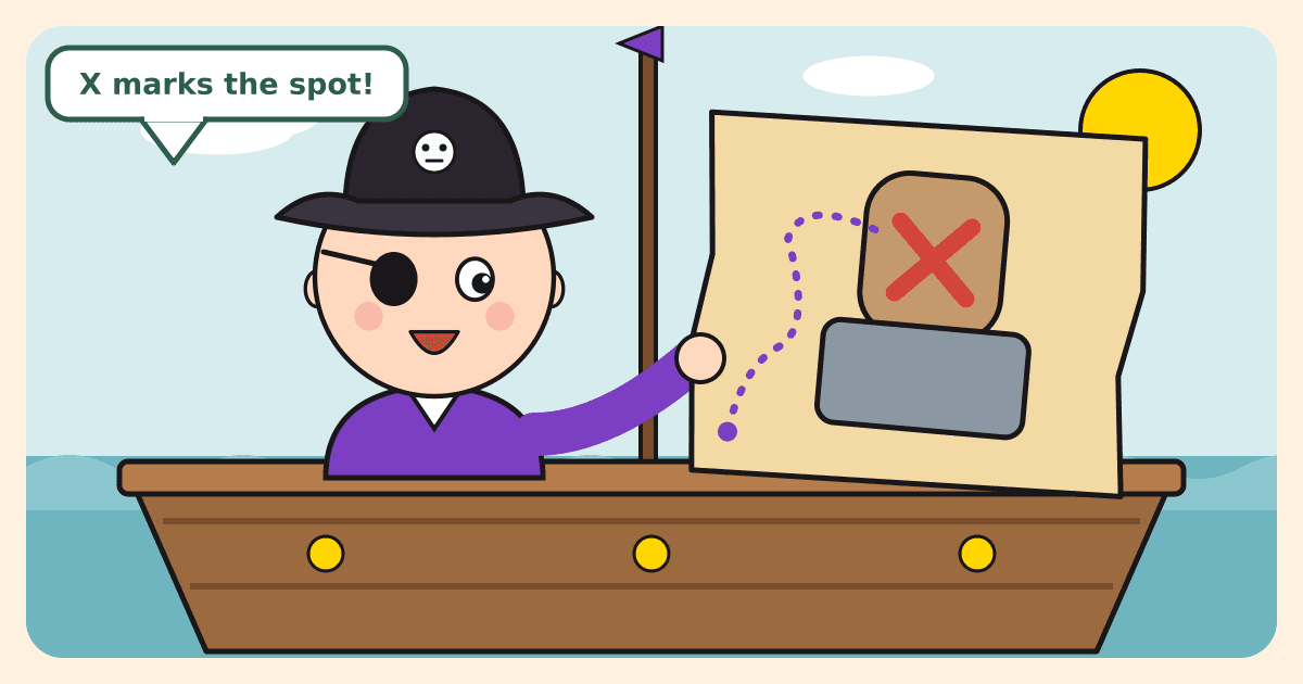 Illustrated caricature of a wide-eyed baby pirate in a tricorn hat and eye patch on a wooden ship, holding up a treasure map that shows a car headrest with a big red X on it and a dotted path leading to it, with a speech bubble saying X marks the spot!