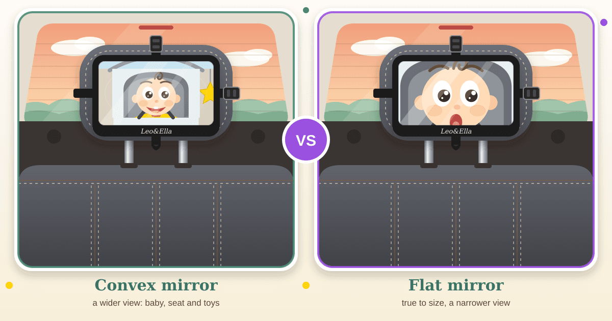 Illustrated caricature of two baby car mirrors on a headrest: the convex one reflects the whole infant seat, a toy and the rear window; the flat one shows the baby's face filling the glass