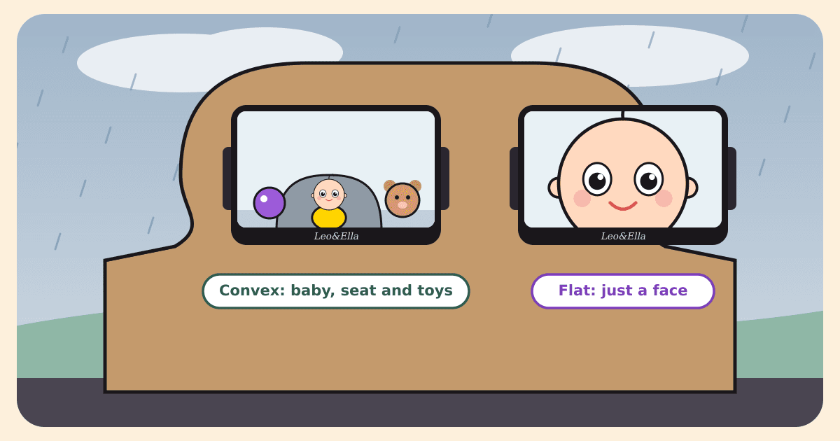 Illustrated caricature of two baby car mirrors side by side on a headrest on a rainy day: the convex one shows the baby in the infant seat with a teddy bear and a ball, while the flat one shows only the baby's big face filling the glass