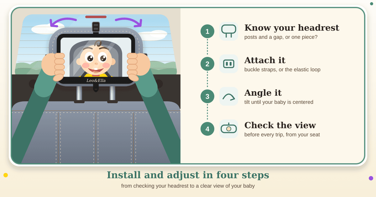 Illustrated caricature of a parent's hands tilting a baby car mirror on a headrest until the baby's face is centered, next to four steps: know your headrest, attach it, angle it, check the view