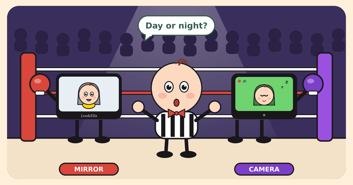 Illustrated caricature of a wide-eyed baby refereeing a boxing match between a baby car mirror in red gloves, showing a cheering baby, and a camera monitor in purple gloves, showing a sleeping baby in green night vision, with a speech bubble saying Day or night?