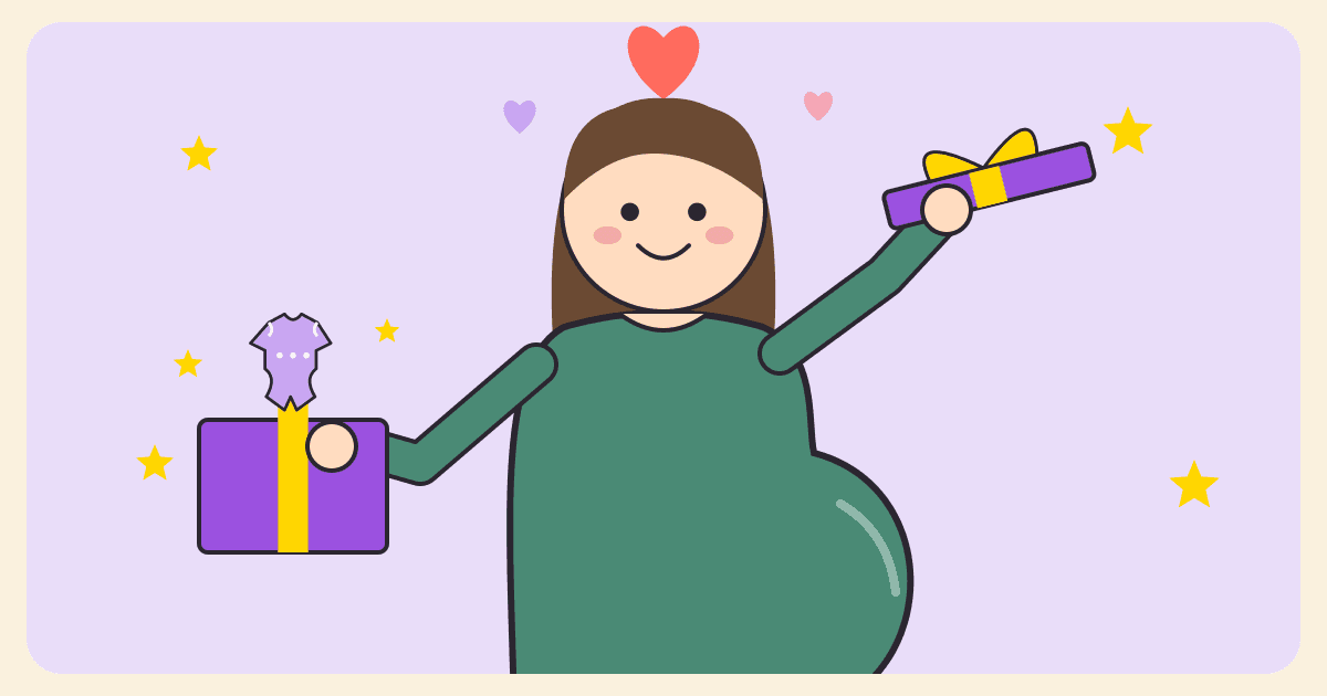 Illustrated caricature of a smiling expectant mom with long hair lifting the lid off a purple gift box as a baby onesie pops out, with a heart above her head