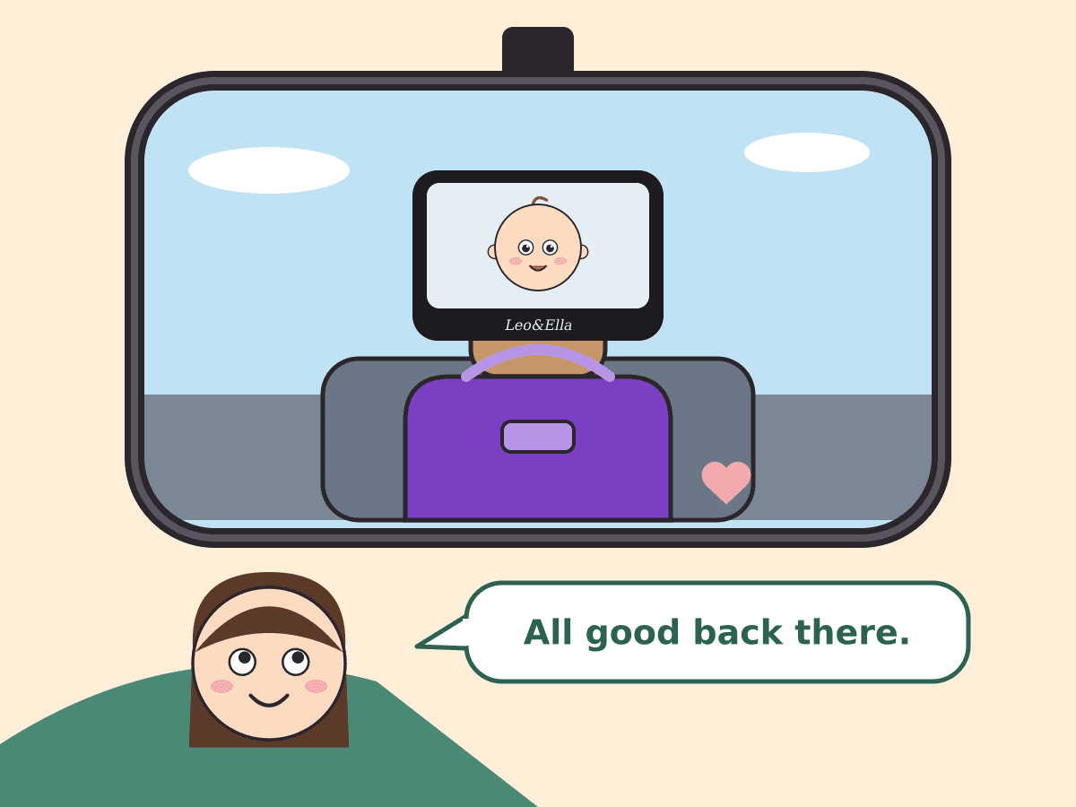 Two drawings of the same rearview mirror showing the back seat. On the left the headrest is bare, a dashed question mark floats over it, you see only the back of the purple car seat, and the driver looks worried. On the right a baby car mirror hangs on the headrest showing the baby's smiling face, and the driver is relaxed