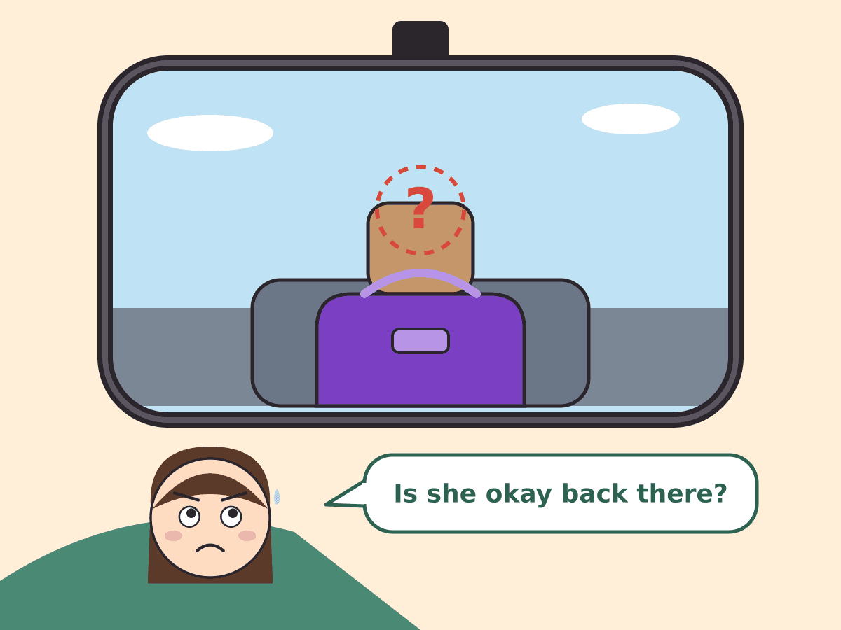 Two drawings of the same rearview mirror showing the back seat. On the left the headrest is bare, a dashed question mark floats over it, you see only the back of the purple car seat, and the driver looks worried. On the right a baby car mirror hangs on the headrest showing the baby's smiling face, and the driver is relaxed