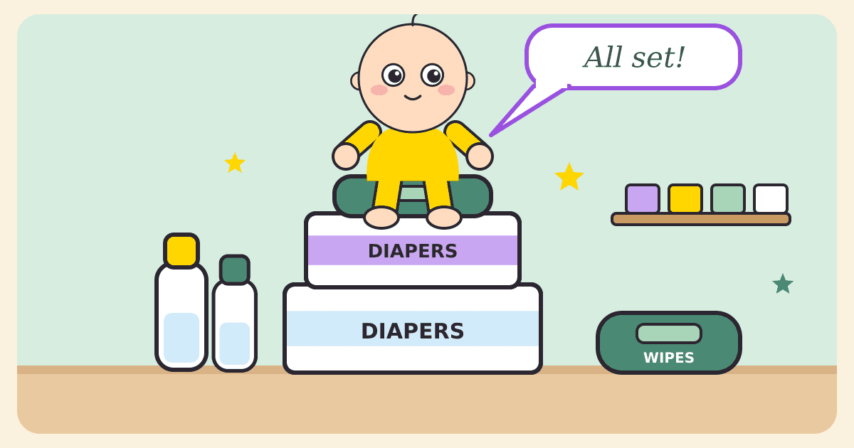 Illustrated caricature of a proud baby sitting on top of a tidy stack of diaper packs, next to baby bottles and a pack of wipes, with a speech bubble saying All set!