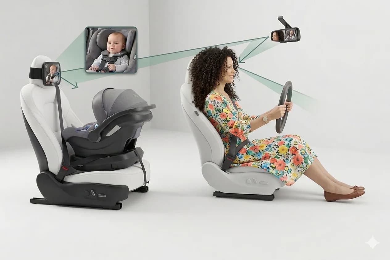 Driver sees her baby through the Leo&Ella car mirror reflected in her rear-view mirror