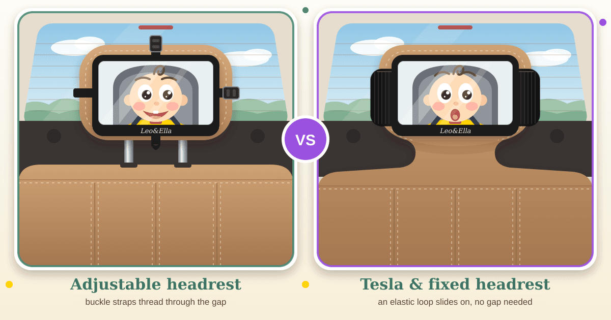 Illustrated caricature of two back seats: a mirror buckled onto a two-post adjustable headrest, and a mirror on an elastic loop around a Tesla-style one-piece seat, each reflecting a baby's face