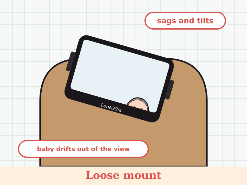 Two drawings of the same headrest and mirror: on the left a snug mount keeps the mirror level with the baby in the middle of the view; on the right a loose mount lets the mirror sag and tilt so the baby drifts out of the view