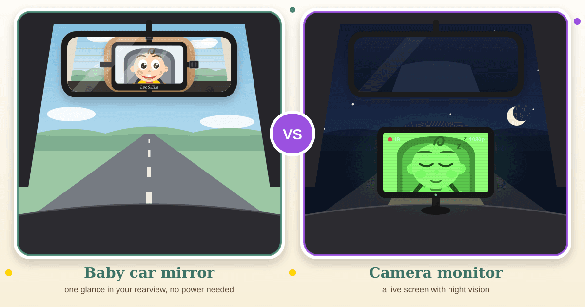 Illustrated caricature from the driver's seat: by day the rearview mirror shows a smiling baby in a baby car mirror; at night a dashboard camera monitor shows the baby asleep in night vision