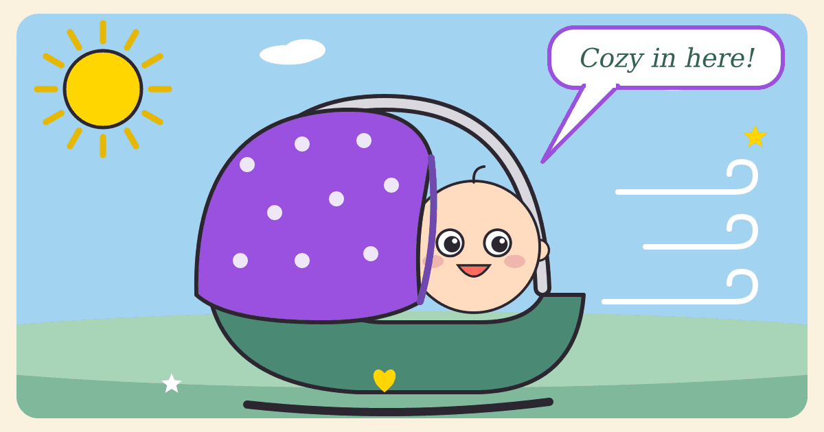 Illustrated caricature of a giggling baby peeking out from under a purple polka-dot canopy cover on a green infant car seat carrier, with the sun shining and a breeze blowing, and a speech bubble saying Cozy in here!