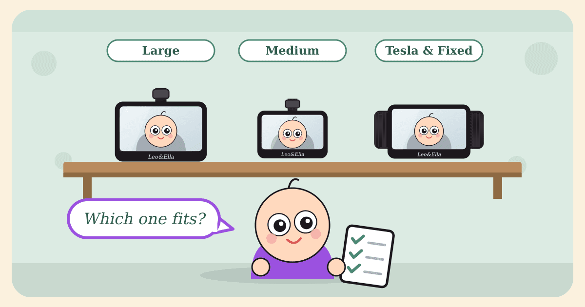 Illustrated caricature of a wide-eyed baby holding a checklist in front of a shelf with three baby car mirrors labeled Large, Medium and Tesla & Fixed, with a speech bubble saying Which one fits?