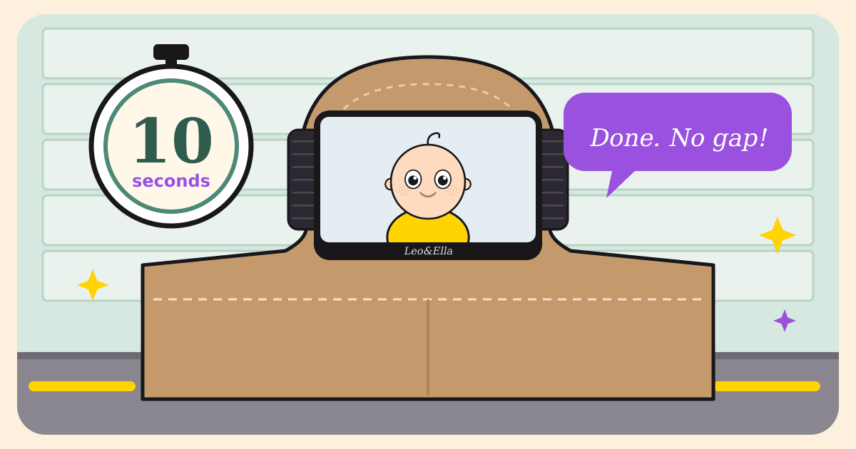 Illustrated caricature of a one-piece car headrest in a garage with a baby car mirror held on by an elastic loop, a wide-eyed baby in the mirror, a stopwatch reading 10 seconds and a speech bubble saying Done. No gap!