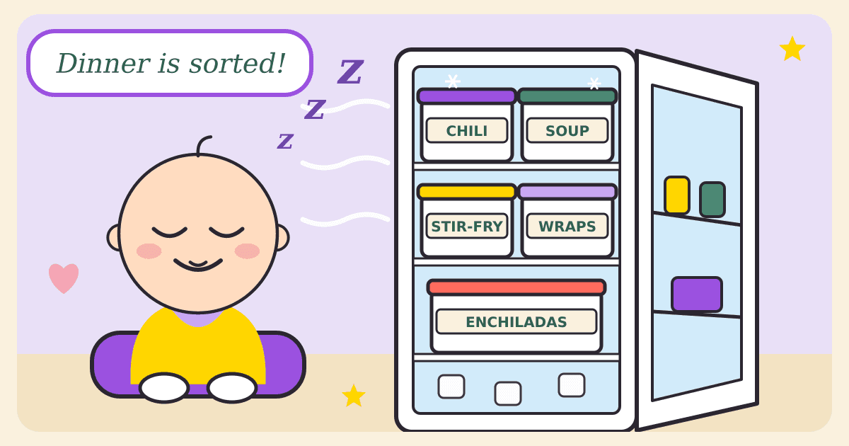 Illustrated caricature of a sleepy, smiling baby sitting on a purple cushion next to an open freezer stocked with labeled containers of chili, soup, stir-fry, wraps and enchiladas, with a speech bubble saying Dinner is sorted!