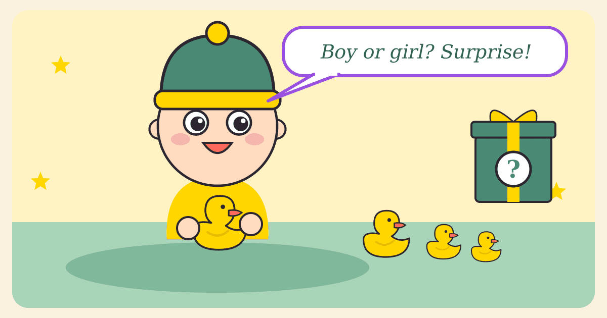 Illustrated caricature of a giggling baby in a green knit hat and yellow outfit holding a rubber duck, with more ducks and a green gift marked with a question mark, and a speech bubble saying Boy or girl? Surprise!