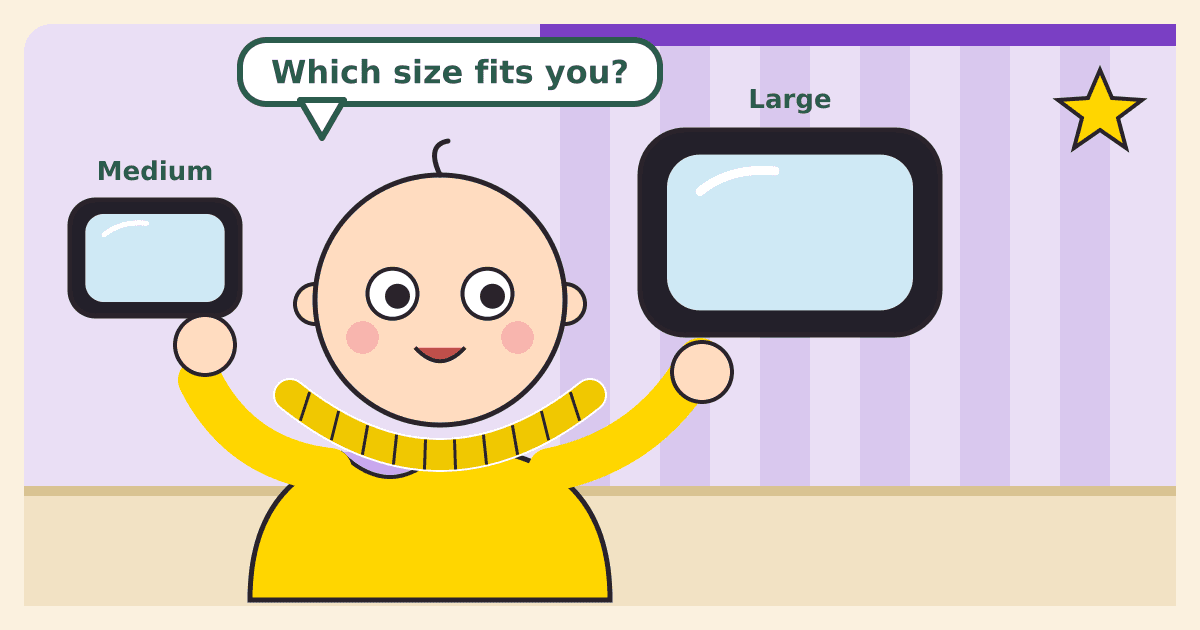 Illustrated caricature of a wide-eyed baby tailor in a yellow onesie with a measuring tape around the neck, holding up two baby car mirrors, a bigger one in one hand and a smaller one in the other, in front of a fitting-room curtain, with a speech bubble saying Which size fits you?