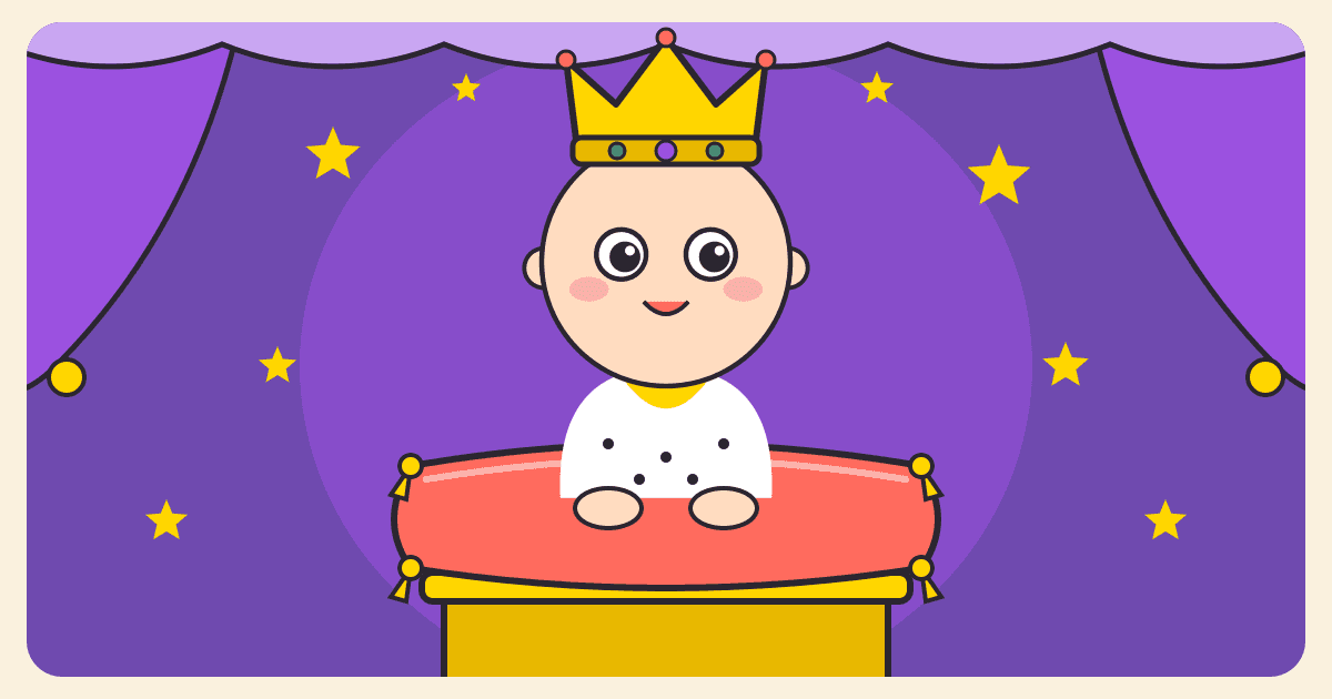 Illustrated caricature of a smiling baby wearing a gold crown, sitting on a red velvet cushion with gold tassels in front of purple curtains and gold stars