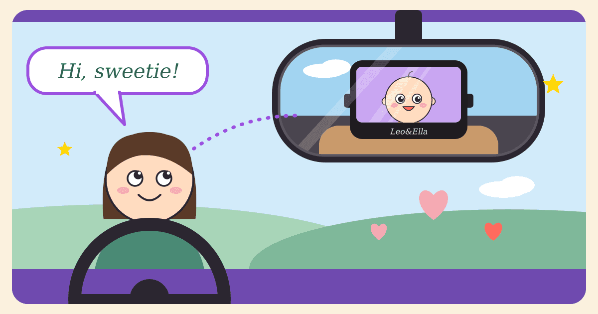 Illustrated caricature of a parent at the steering wheel glancing up at the rearview mirror, where a baby smiles back from a mirror on the back-seat headrest, with a speech bubble saying Hi, sweetie!