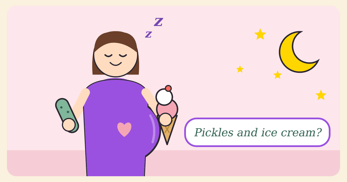 Illustrated caricature of a sleepy expectant mom in a purple dress with a round bump, holding a pickle in one hand and an ice cream cone in the other under a crescent moon, with a speech bubble saying Pickles and ice cream?