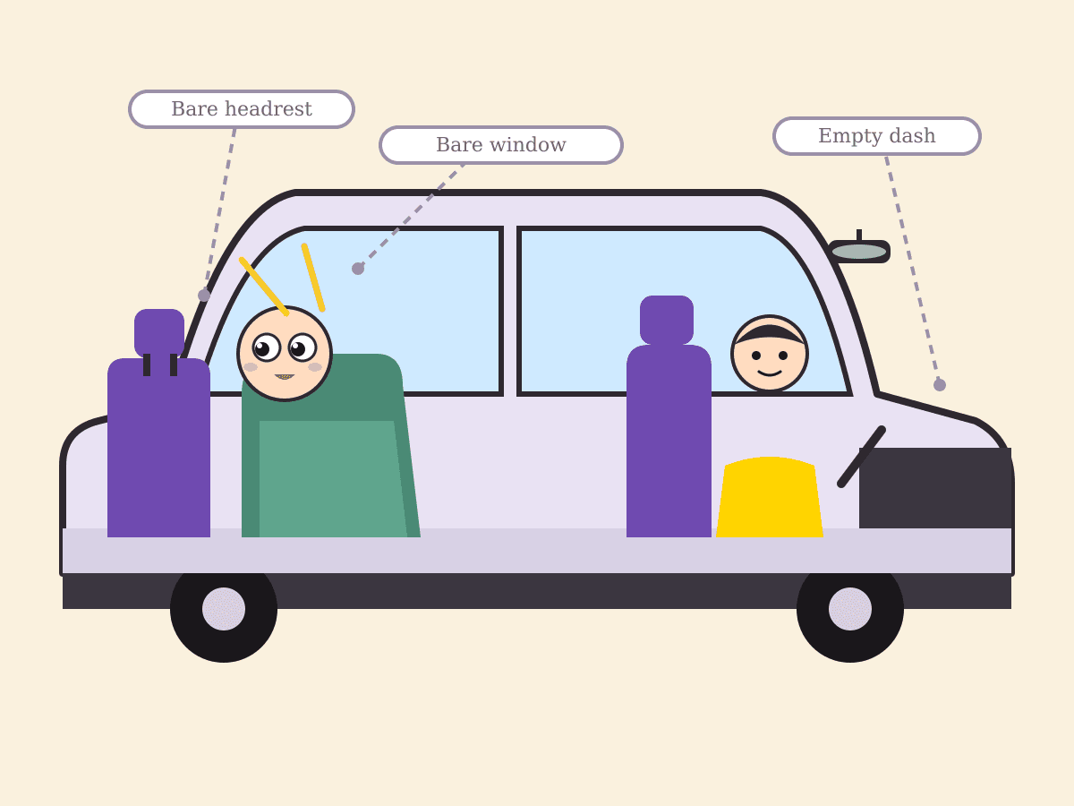 Side cutaway of a car with a rear-facing baby: on the left the headrest, window and dashboard are bare and sun falls on the baby; on the right a baby car mirror sits on the headrest, a mesh shade covers the window and a Camio monitor sits on the dash