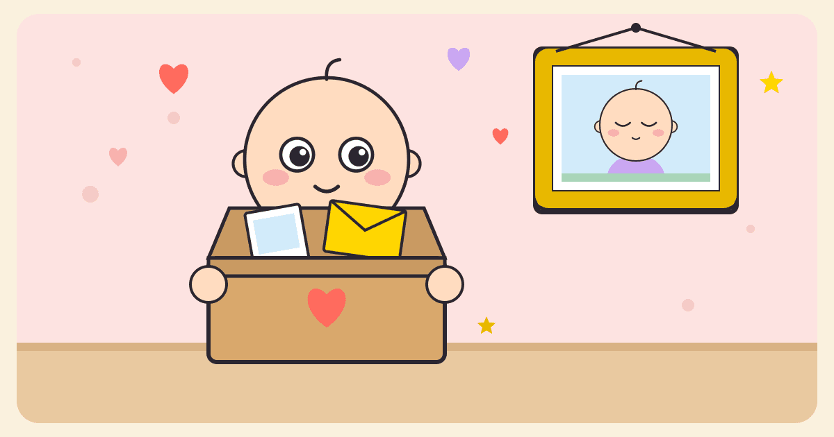 Illustrated caricature of a big-eyed baby hugging a wooden keepsake box filled with a photo and a letter, under a framed baby photo on a pink wall with floating hearts