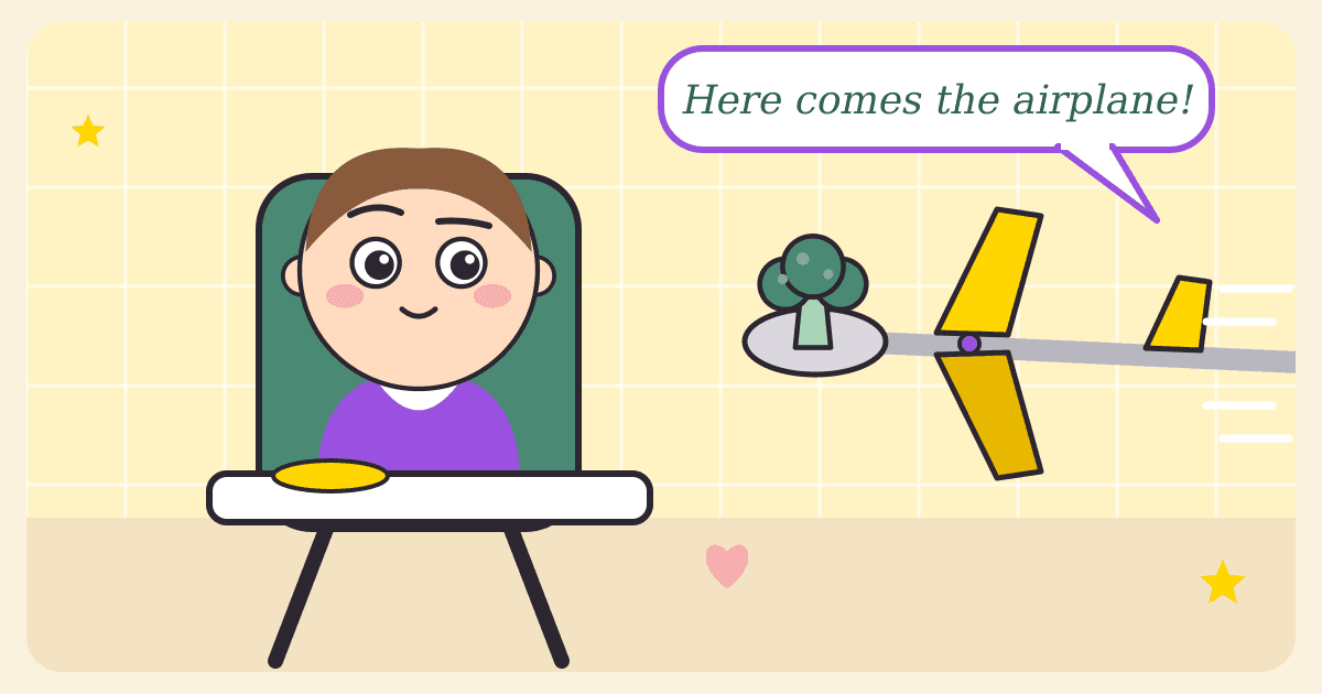 Illustrated caricature of a toddler in a green high chair raising a suspicious eyebrow at a spoon of broccoli made up as a yellow-winged airplane, with a speech bubble saying Here comes the airplane!