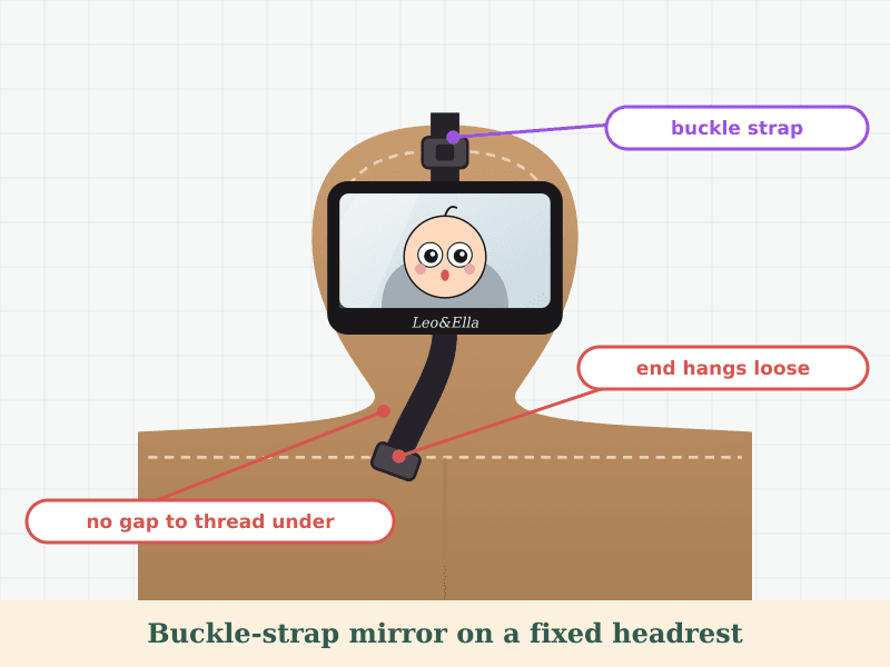Two drawings of the same one-piece headrest: a buckle-strap mirror whose lower strap hangs loose because there is no gap to thread it under, and the Tesla & Fixed mirror held on by an elastic loop around the sides