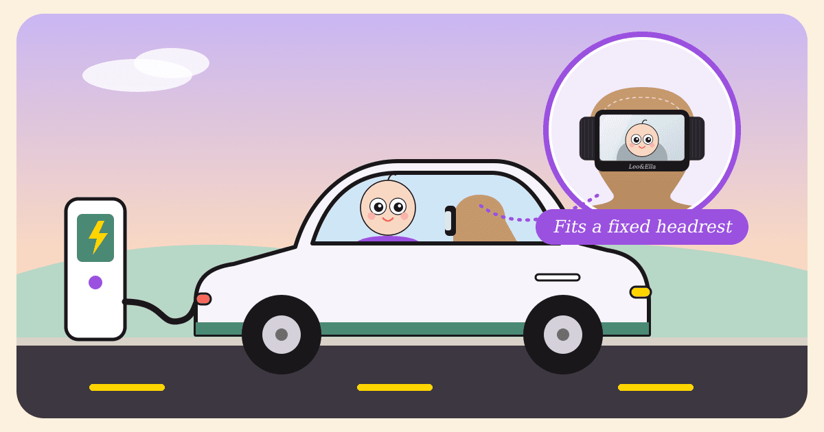 Illustrated caricature of a white electric car at a charging station with a wide-eyed baby in the rear window, and a zoom bubble showing a baby mirror held on a one-piece headrest by an elastic loop