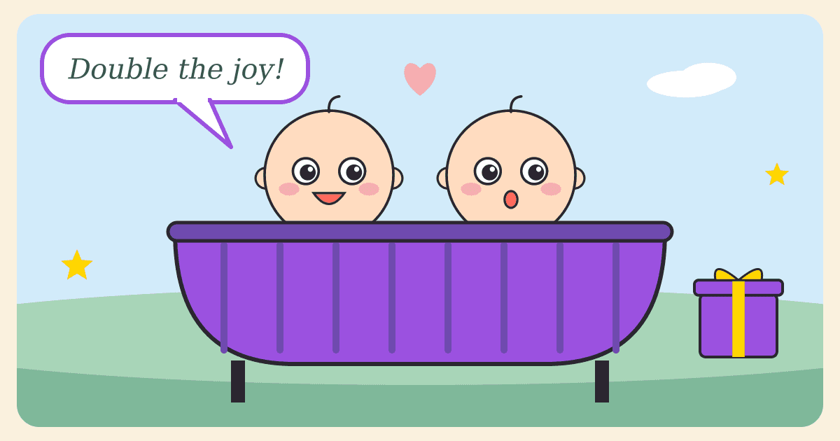 Illustrated caricature of two big-eyed twin babies, one giggling and one surprised, side by side in a purple bassinet next to a wrapped gift, with a speech bubble saying Double the joy!