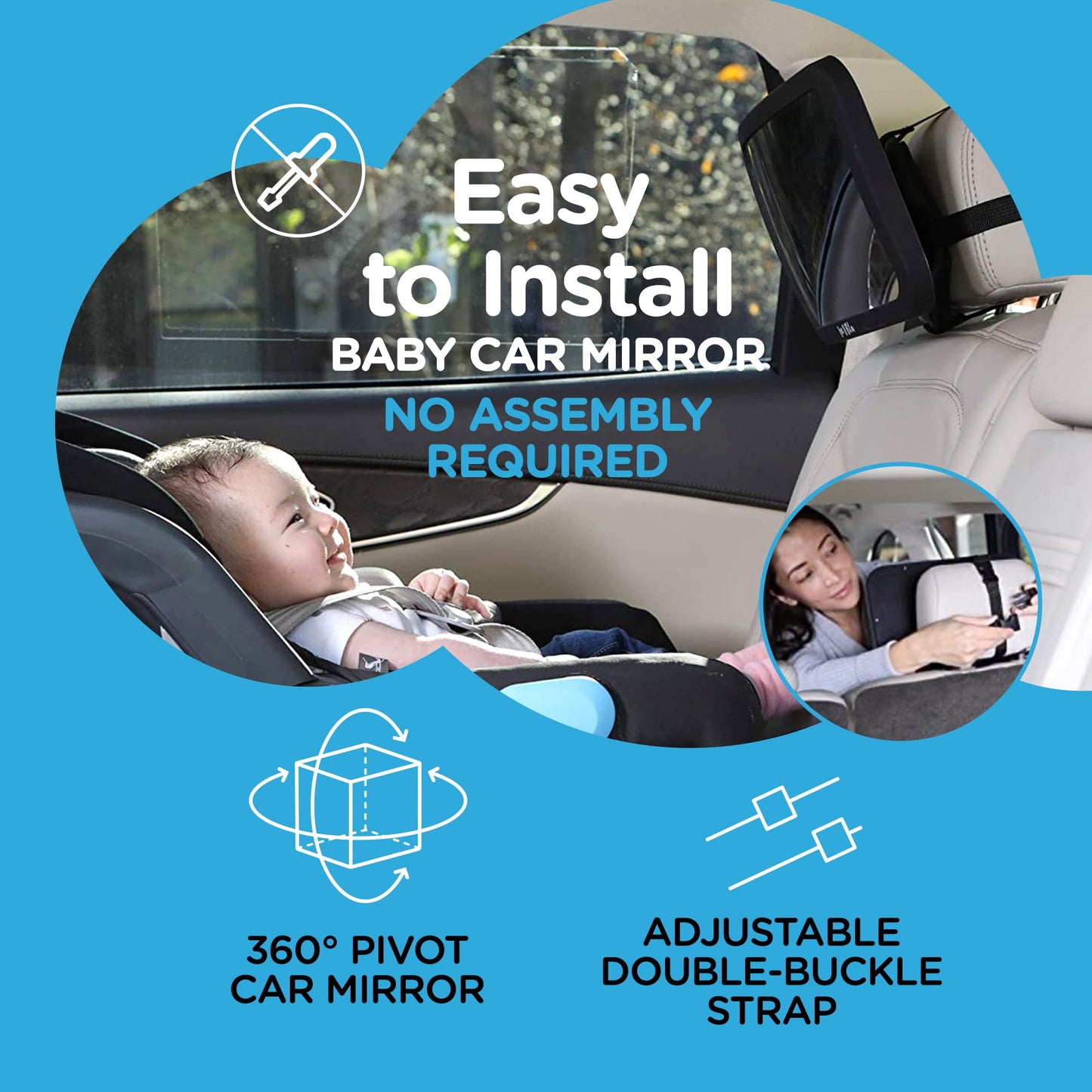 Leo&Ella Large Baby Car Mirror, Extra Wide View of Baby in Rear-Facing Carseat