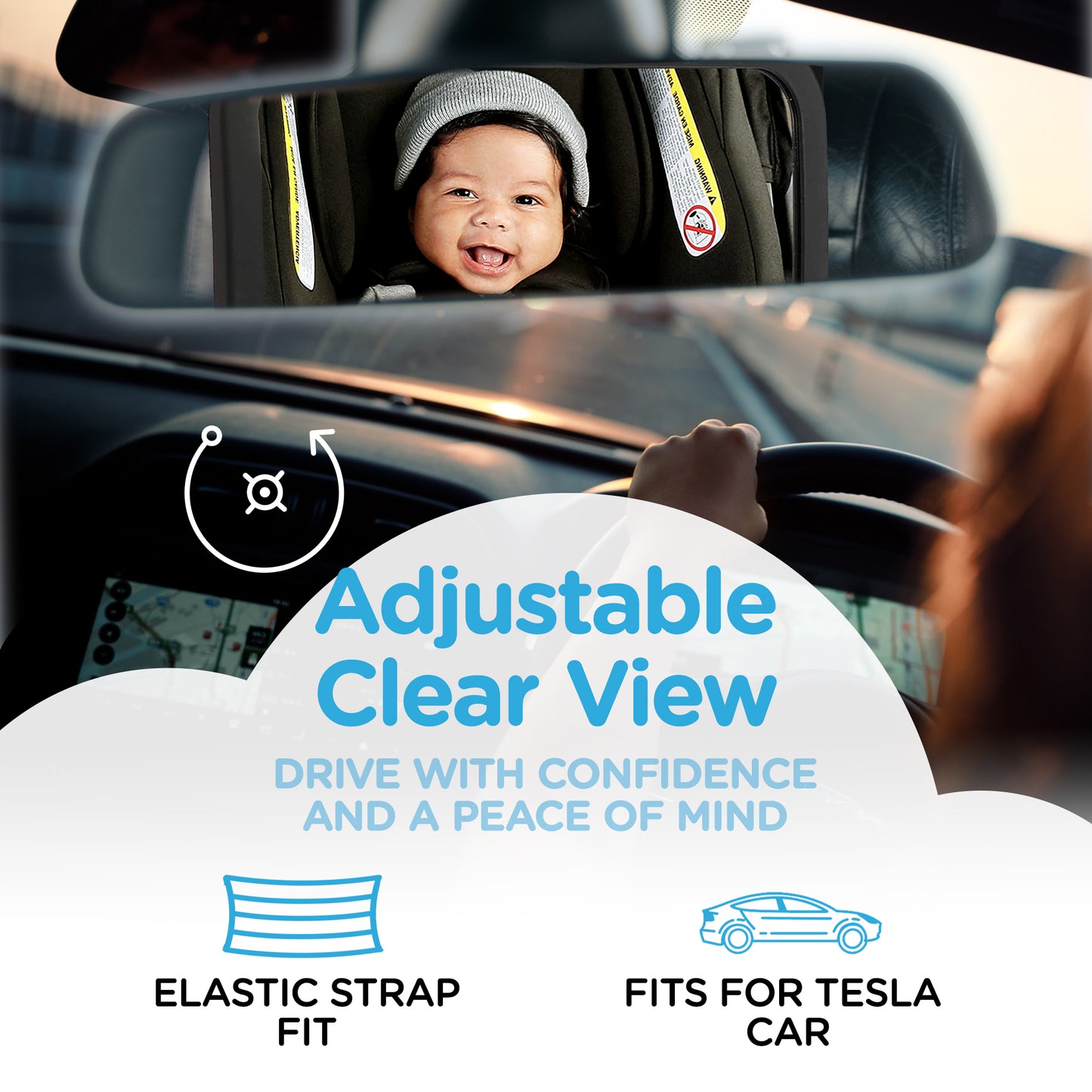 Leo&Ella Large Tesla Baby Car Mirror for Fixed Headrest, Extra Wide View of Baby in Rear-Facing carseat