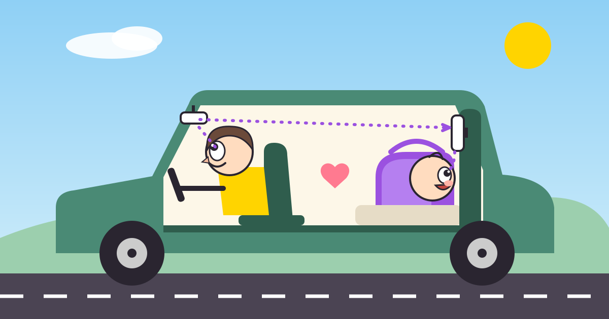 Cutaway illustration of a car: a dotted line runs from the driver's eyes up to the rearview mirror, back to a mirror on the rear headrest, and down to a smiling baby in a rear-facing car seat