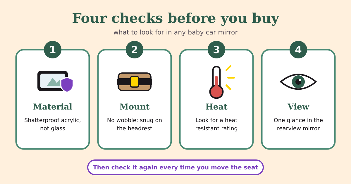Four numbered cards: material, shatterproof acrylic and not glass; mount, no wobble and snug on the headrest; heat, look for a heat resistant rating; view, one glance in the rearview mirror