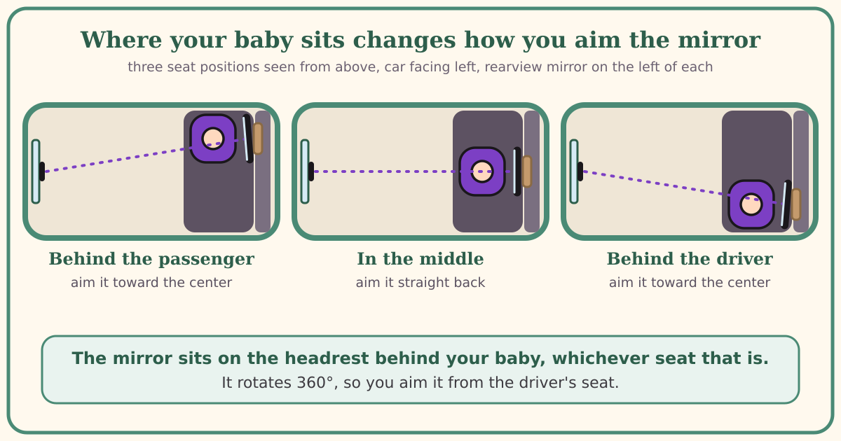 Three top-down drawings of a back seat with the rearview mirror on the left. Behind the passenger and behind the driver, the baby mirror is turned toward the center; in the middle seat it faces straight back. A dotted sight line runs from the rearview mirror to the baby mirror in each