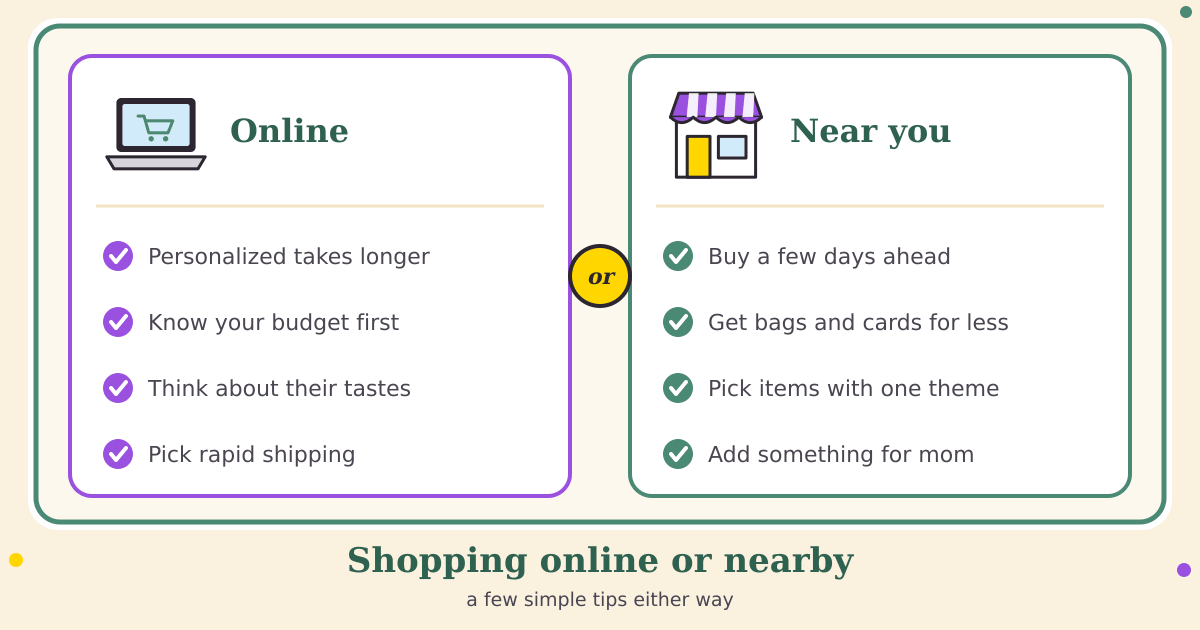 Two checklists side by side. Online: personalized takes longer, know your budget first, think about their tastes, pick rapid shipping. Near you: buy a few days ahead, get bags and cards for less, pick items with one theme, add something for mom