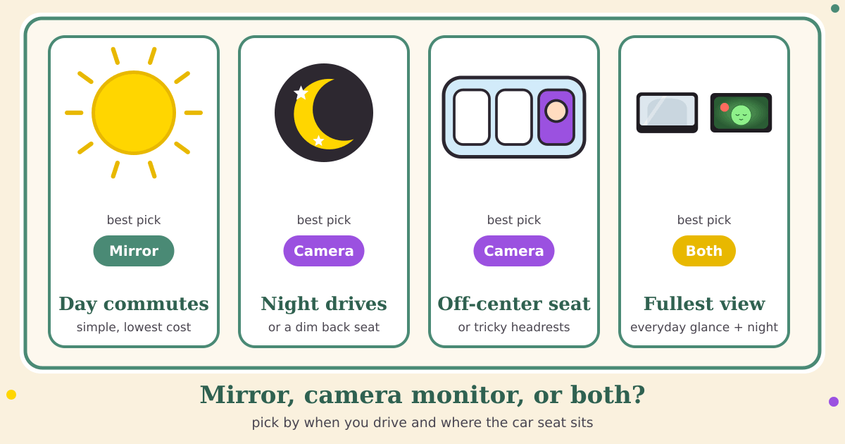 Four labeled cards: a sun for day commutes with the pick Mirror, a moon for night drives with the pick Camera, a back seat with the baby in a side seat with the pick Camera, and a mirror beside a monitor for the fullest view with the pick Both